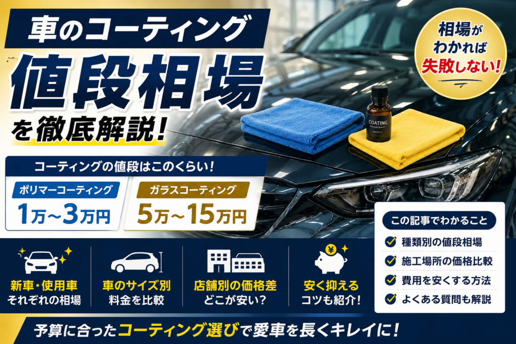 車のコーティング料金相場を解説するアイキャッチ画像。ポリマーコーティングとガラスコーティングの価格比較や施工店ごとの料金差を紹介
