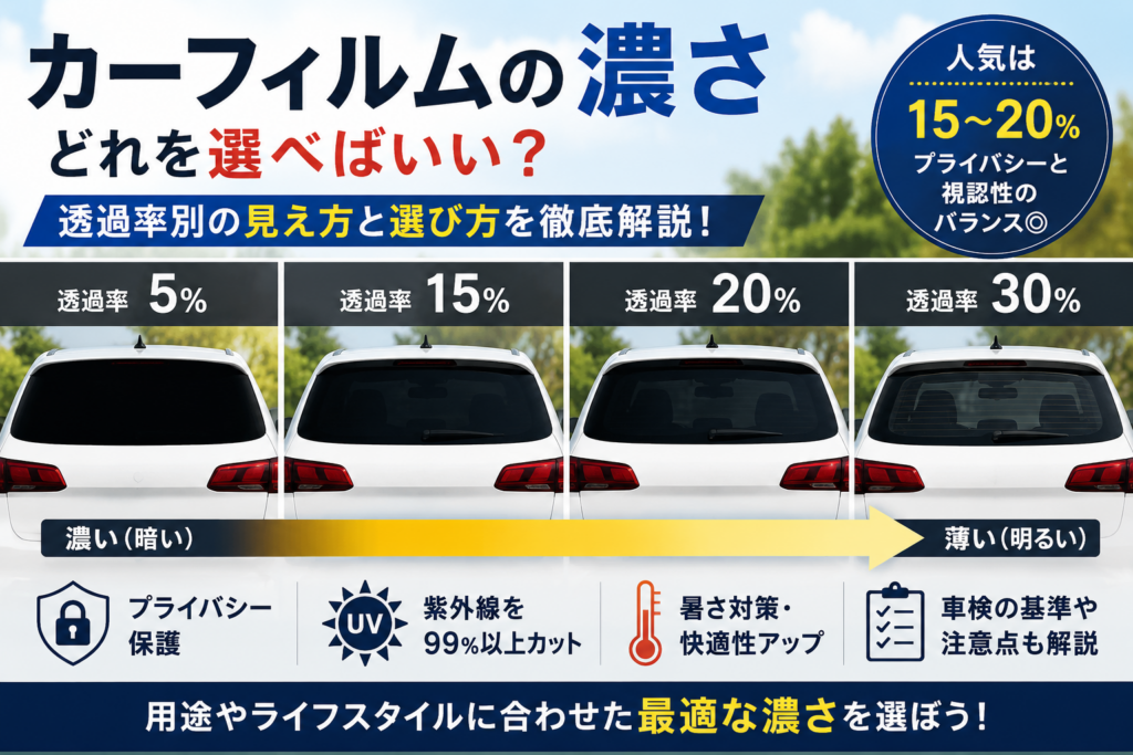 カーフィルムの濃さを比較したアイキャッチ画像。透過率5％・15％・20％・30％の見え方の違いや人気の濃さ、選び方のポイントを解説