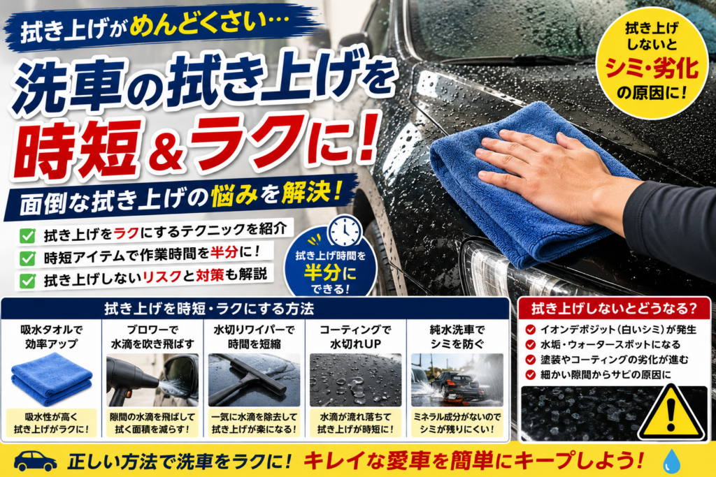 洗車後の拭き上げを時短する方法を解説したアイキャッチ画像。マイクロファイバータオルやブロワーを活用した効率的な水滴除去と、拭き上げしない場合のリスクを紹介