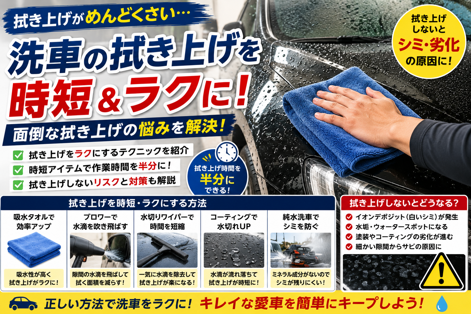 洗車後の拭き上げを時短する方法を解説したアイキャッチ画像。マイクロファイバータオルやブロワーを活用した効率的な水滴除去と、拭き上げしない場合のリスクを紹介