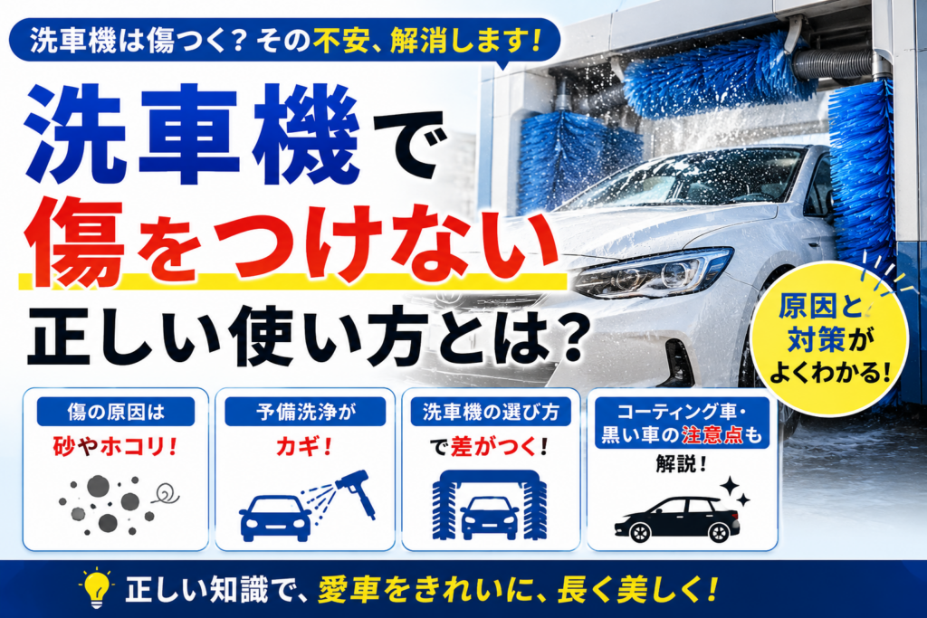 洗車機で傷をつけない正しい使い方や予備洗浄の重要性を解説したイメージ画像