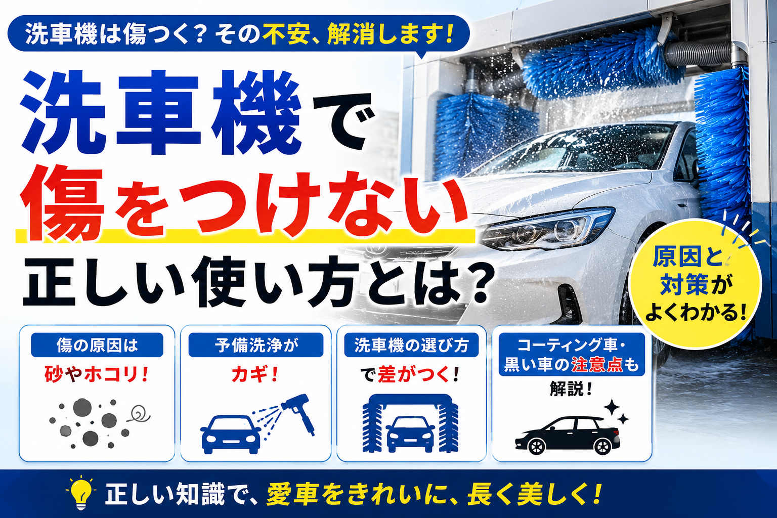 洗車機で傷をつけない正しい使い方や予備洗浄の重要性を解説したイメージ画像