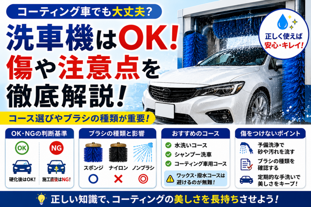 コーティング車を洗車機に入れても大丈夫なのかや注意点を解説したイメージ画像