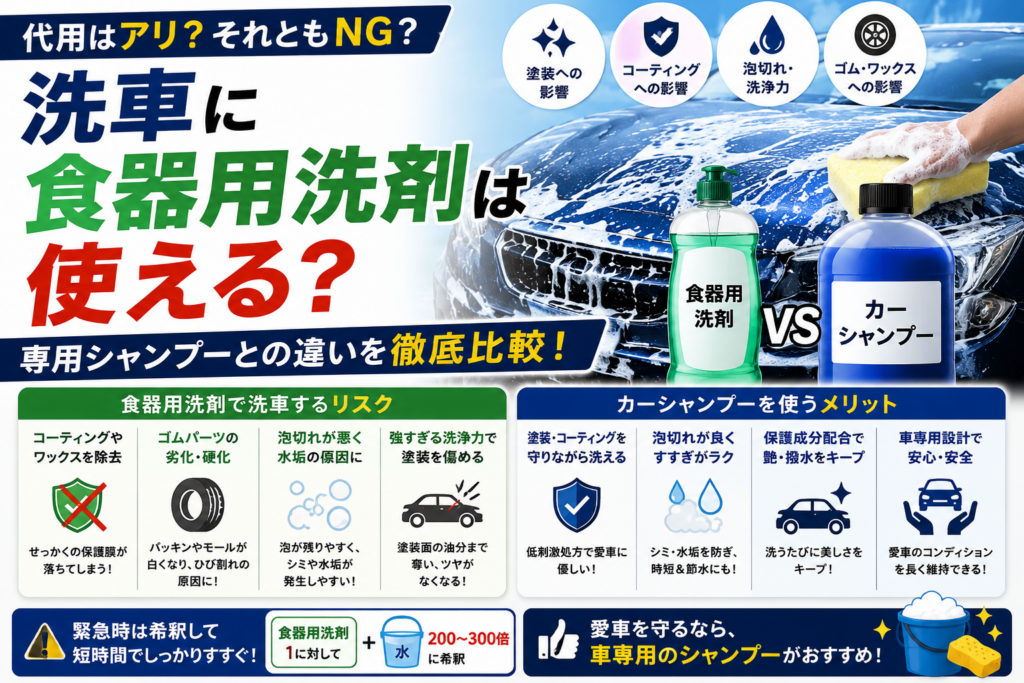 洗車で食器用洗剤を使うリスクとカーシャンプーとの違いを比較解説したイメージ画像