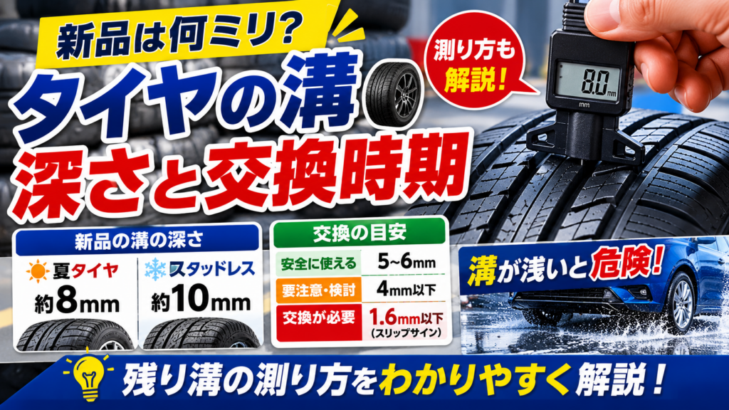 新品タイヤの溝の深さと交換時期を解説したアイキャッチ画像。夏タイヤ約8mm、スタッドレスタイヤ約10mmの違いや残り溝の測り方を紹介