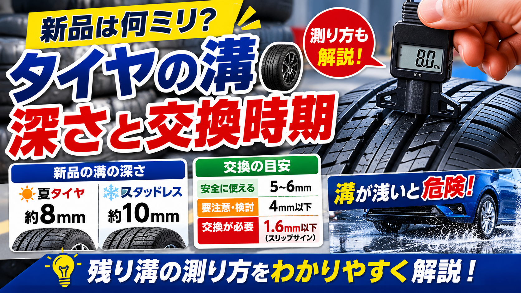 新品タイヤの溝の深さと交換時期を解説したアイキャッチ画像。夏タイヤ約8mm、スタッドレスタイヤ約10mmの違いや残り溝の測り方を紹介