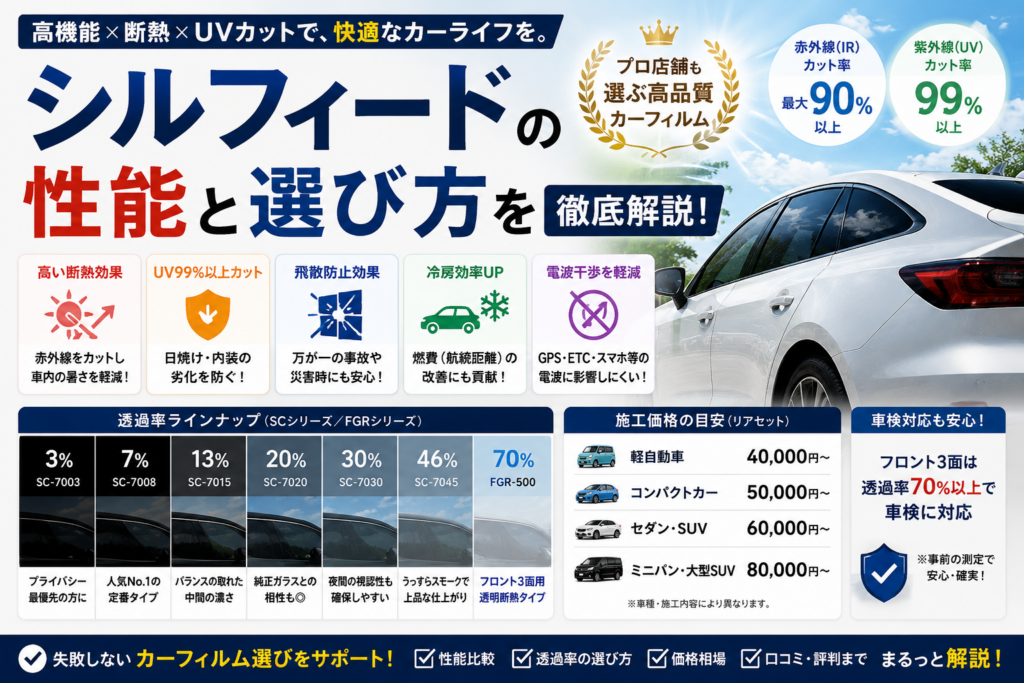 シルフィードカーフィルムの断熱性能や透過率ラインナップ、車検対応条件を解説したイメージ画像