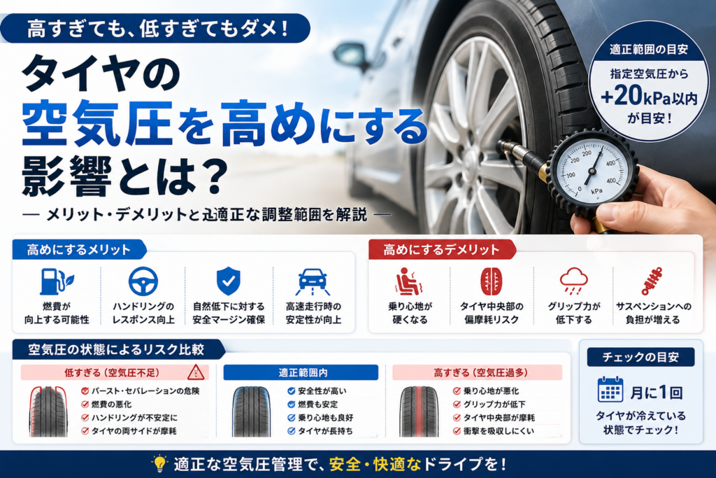 タイヤの空気圧を高めにするメリット・デメリットや適正範囲を解説したイメージ画像