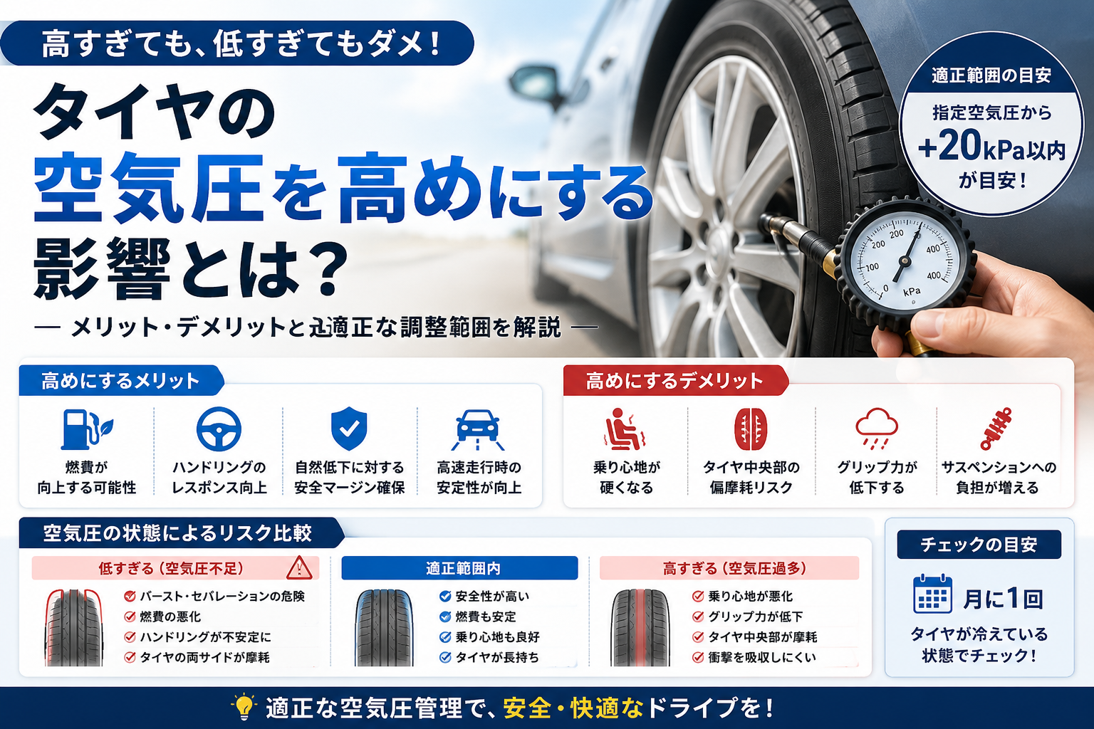 タイヤの空気圧を高めにするメリット・デメリットや適正範囲を解説したイメージ画像