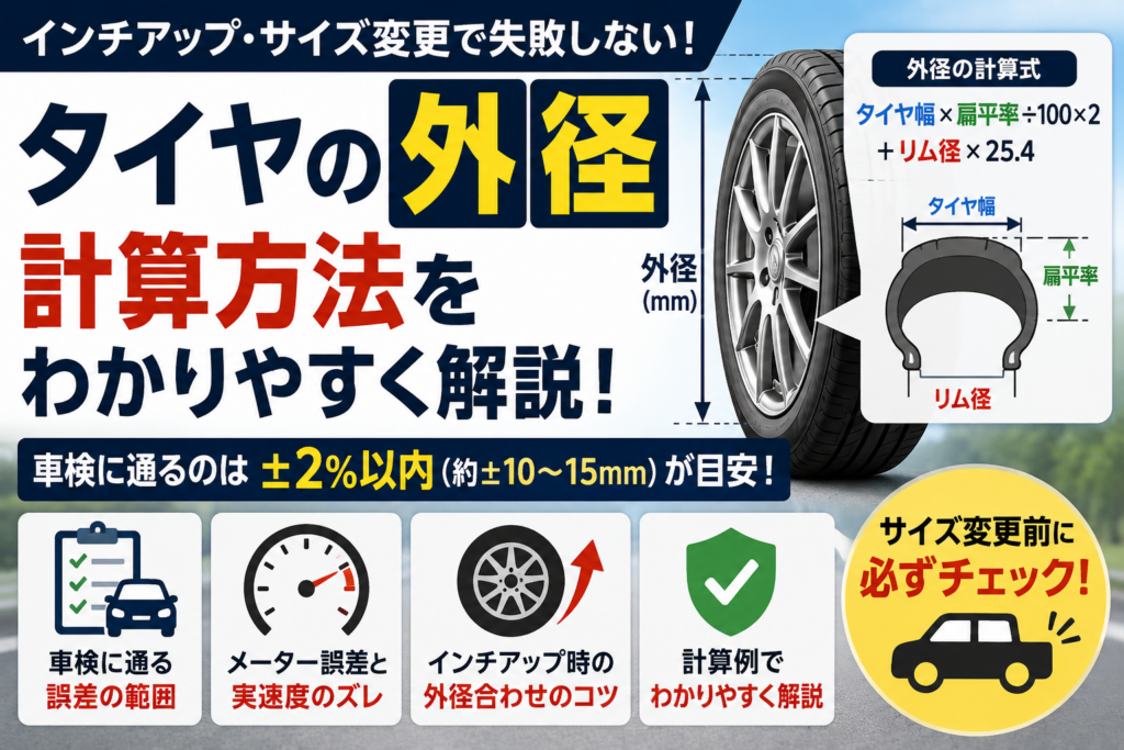 タイヤ外径の計算方法と車検に通る誤差範囲を解説したアイキャッチ画像