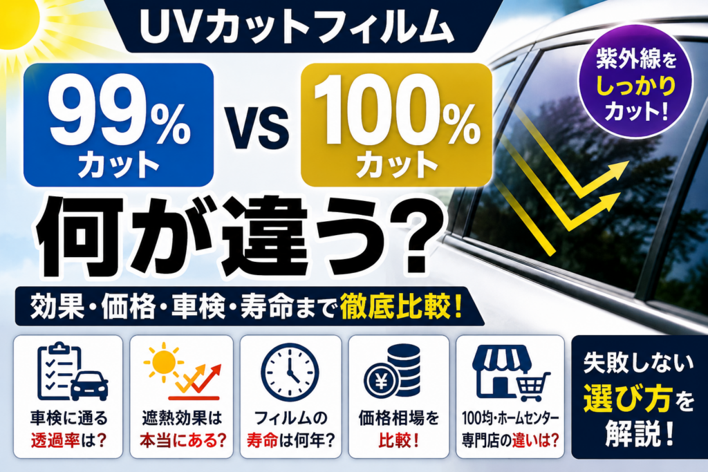 車のUVカットフィルム99％と100％の違いを比較。価格相場・車検基準・遮熱効果・寿命の違いを解説