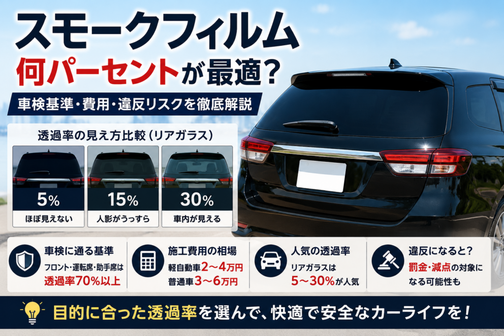 車のスモークフィルムの透過率5％・15％・30％の見え方比較と車検基準を解説するイメージ画像