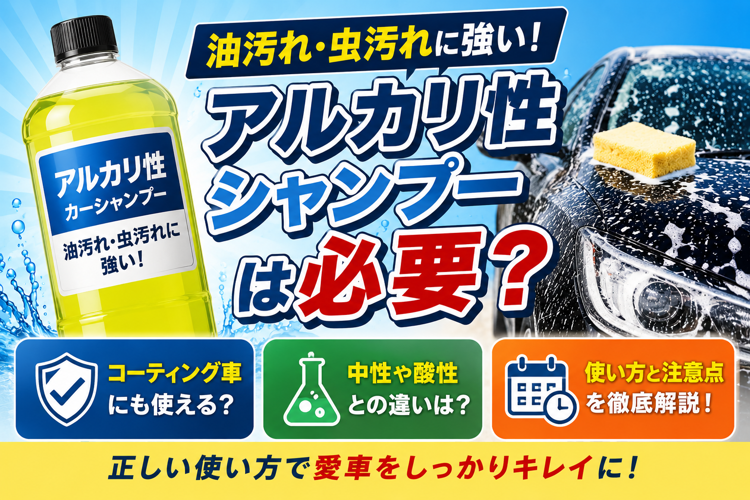 アルカリ性シャンプーのボトルと泡で洗車中の黒い車を並べ、油汚れや虫汚れへの洗浄力、コーティング車への使用可否や注意点を比較しながら解説している構成のデザイン。