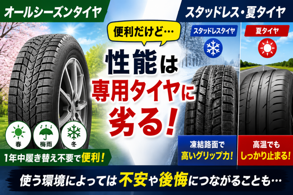 オールシーズンタイヤと専用タイヤを比較し、雪道や夏場の性能差によるデメリットを表したアイキャッチ画像