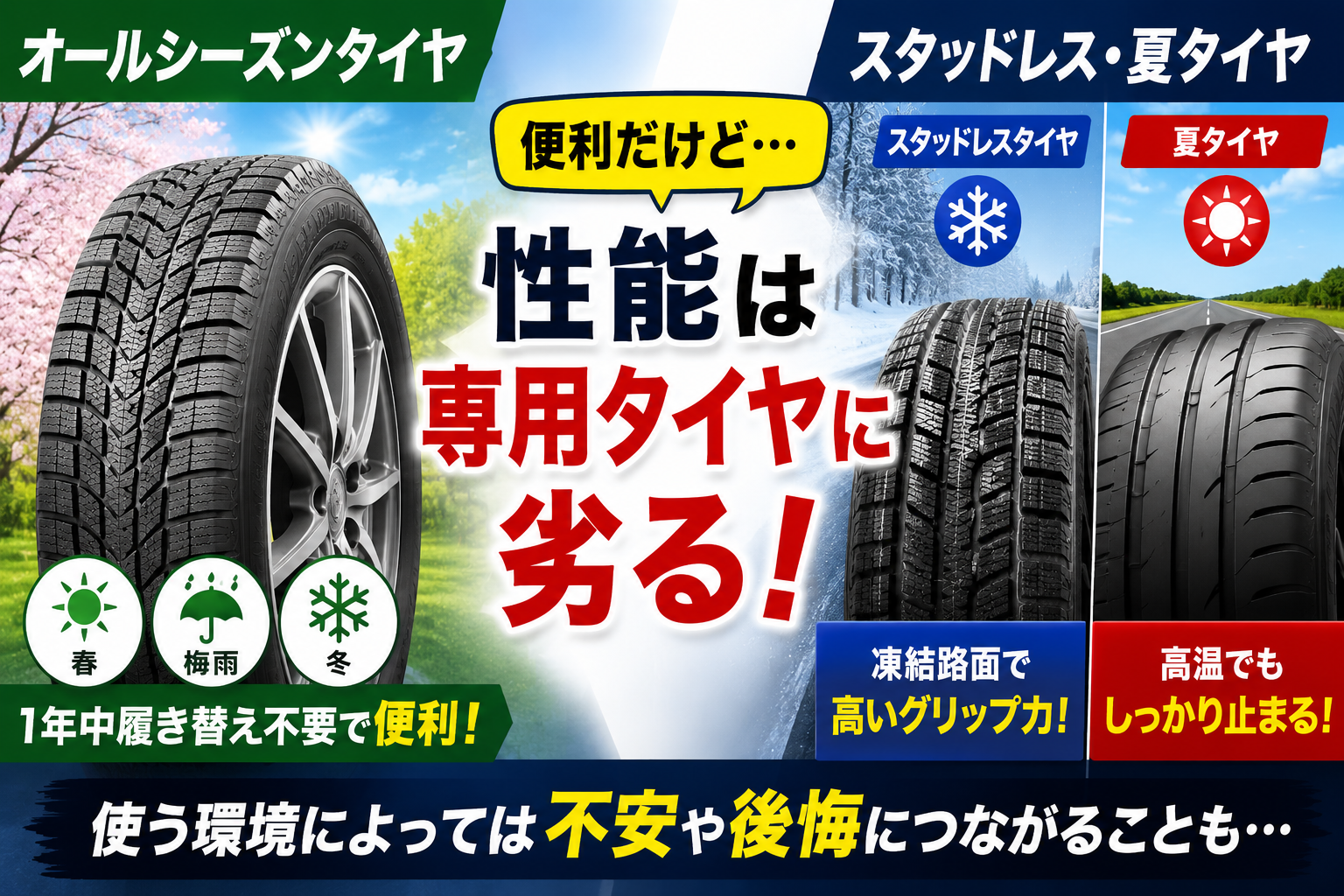 オールシーズンタイヤと専用タイヤを比較し、雪道や夏場の性能差によるデメリットを表したアイキャッチ画像