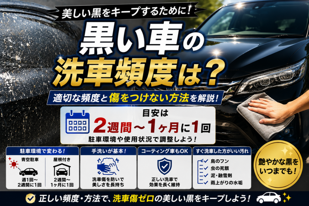 黒い車の適切な洗車頻度や洗車傷対策を解説するアイキャッチ画像。美しく磨かれた黒い車と手洗い洗車の様子を表現。