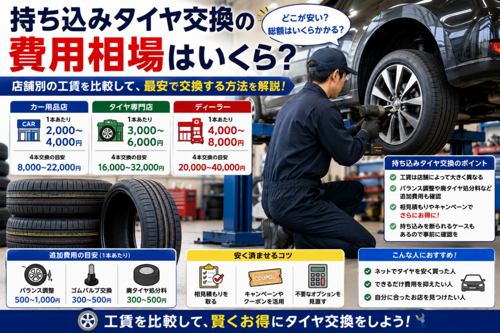 持ち込みタイヤ交換の費用相場を比較するためにタイヤ交換作業を行う整備工場のイメージ画像