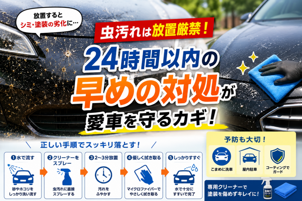 車のフロント部分に付着した虫汚れを放置した状態と、正しい方法で除去している様子を比較したアイキャッチ画像