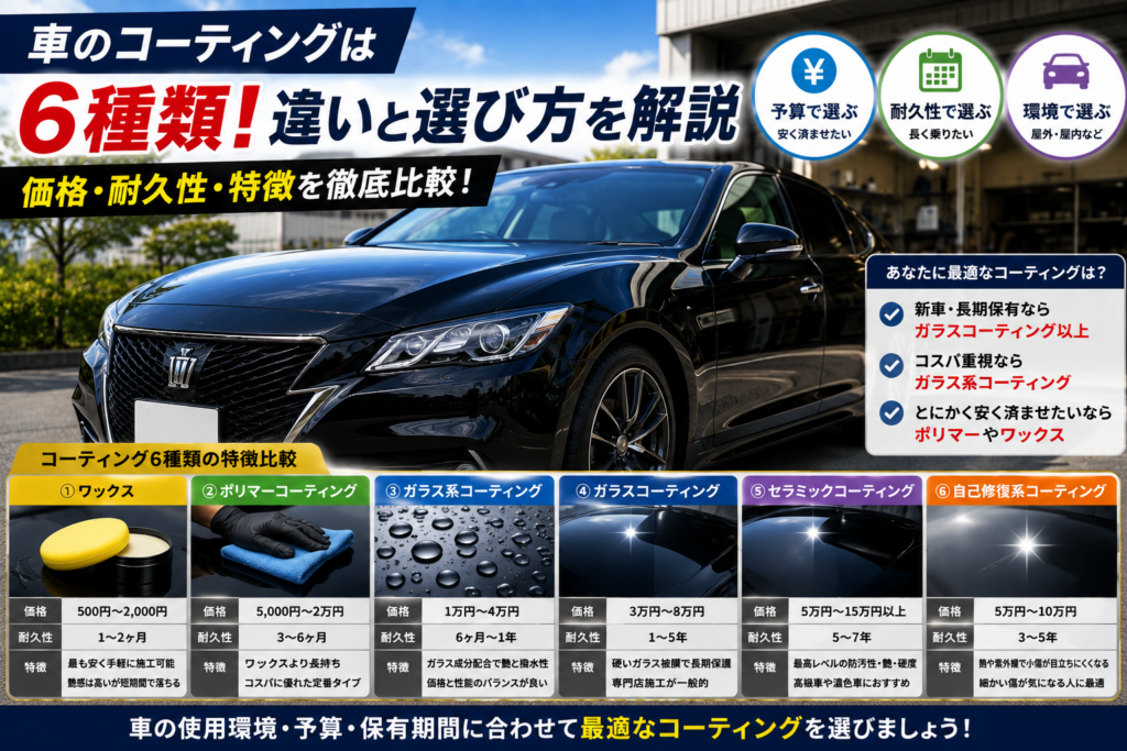 車のコーティング種類を比較しワックス・ガラス・セラミックの違いを解説するイメージ画像