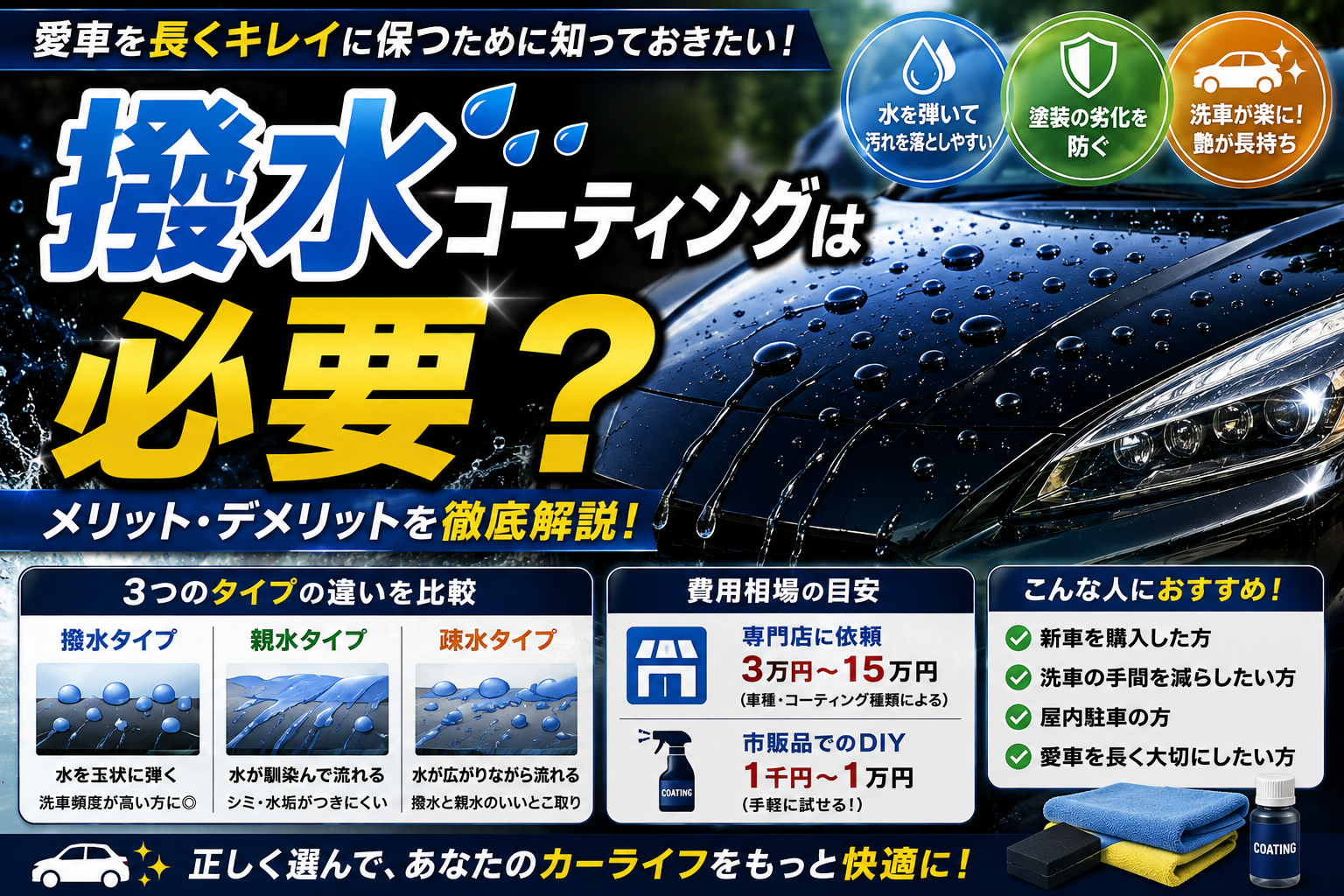 撥水コーティングのメリット・デメリットや費用相場、撥水・親水・疎水の違いを比較しているアイキャッチ画像