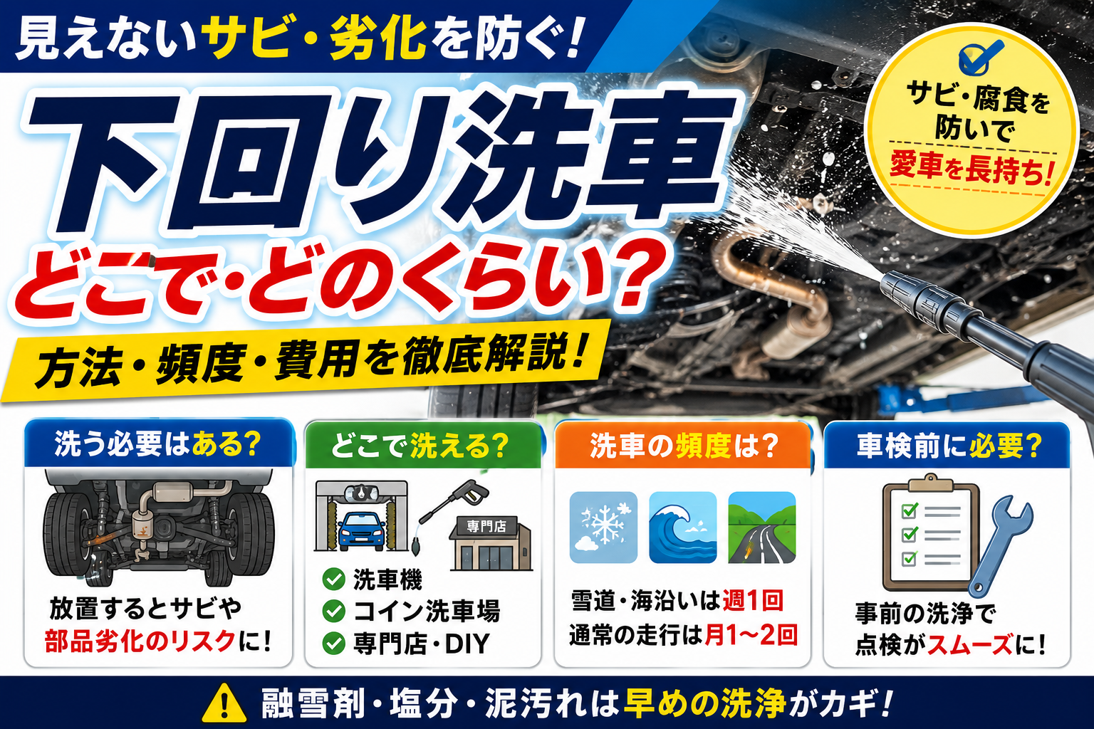 車の下回り洗車の必要性や洗浄方法、洗車頻度を解説したアイキャッチ画像。高圧洗浄で下回りを洗浄し、サビや腐食を防ぐイメージ。