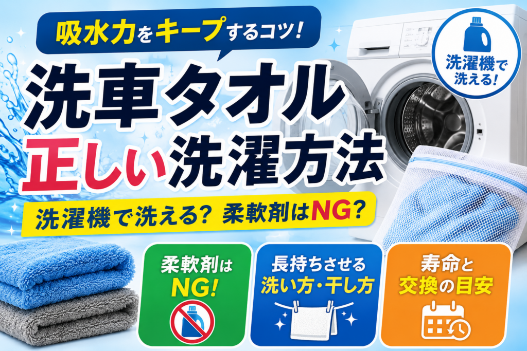洗濯機と洗濯ネットに入ったマイクロファイバー洗車タオルを配置し、正しい洗濯方法や柔軟剤NG、長持ちさせる洗い方・干し方のポイントをわかりやすく示した構成