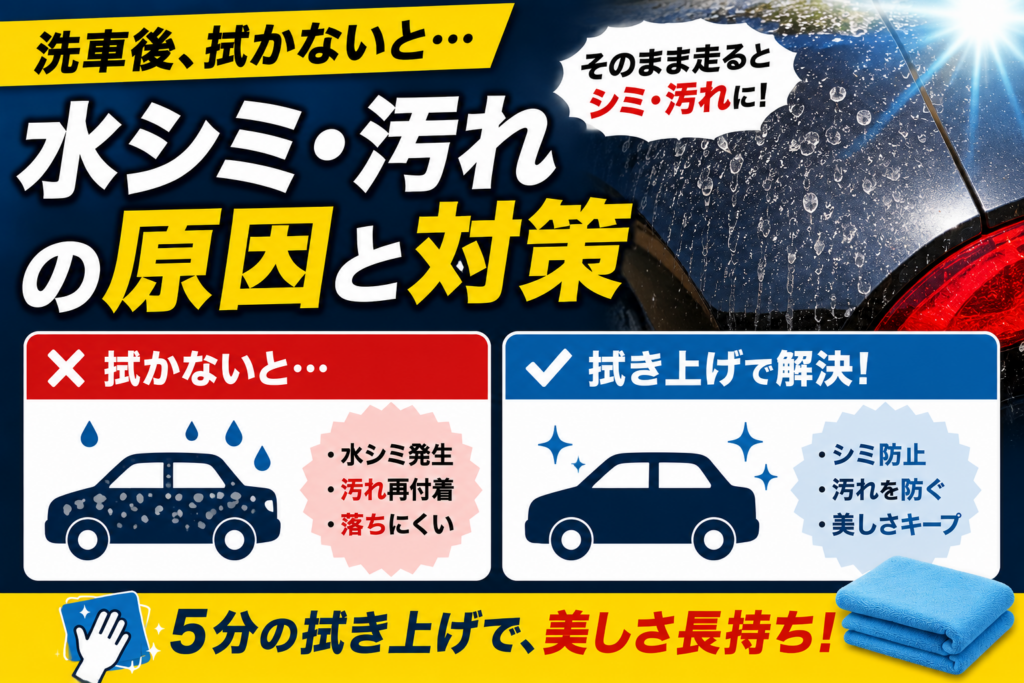 洗車後に拭き上げをしなかった車と丁寧に拭き上げた車を比較し、水シミや汚れの発生原因と対策、洗車後の正しいメンテナンス方法を分かりやすく示している様子。