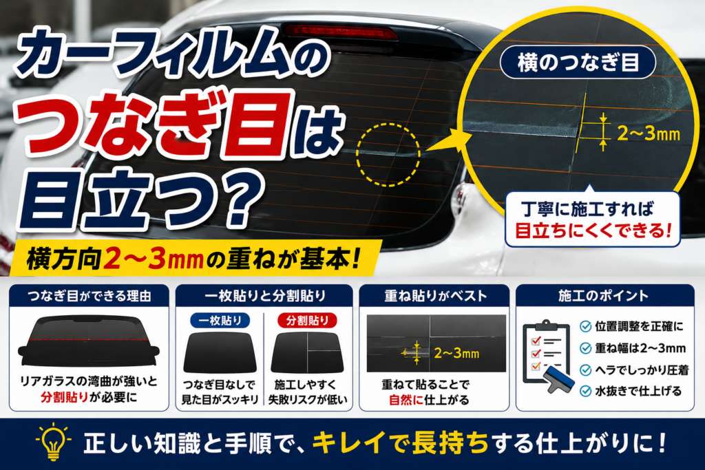 カーフィルムのリアガラス施工で横方向のつなぎ目を2〜3mm重ねて貼る方法を解説した図解