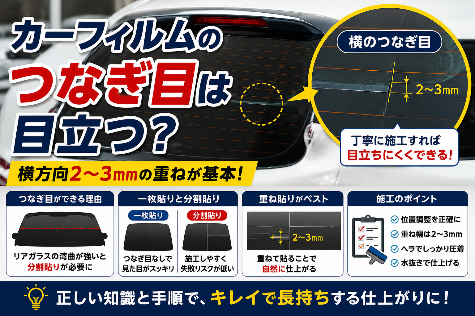 カーフィルムのリアガラス施工で横方向のつなぎ目を2〜3mm重ねて貼る方法を解説した図解