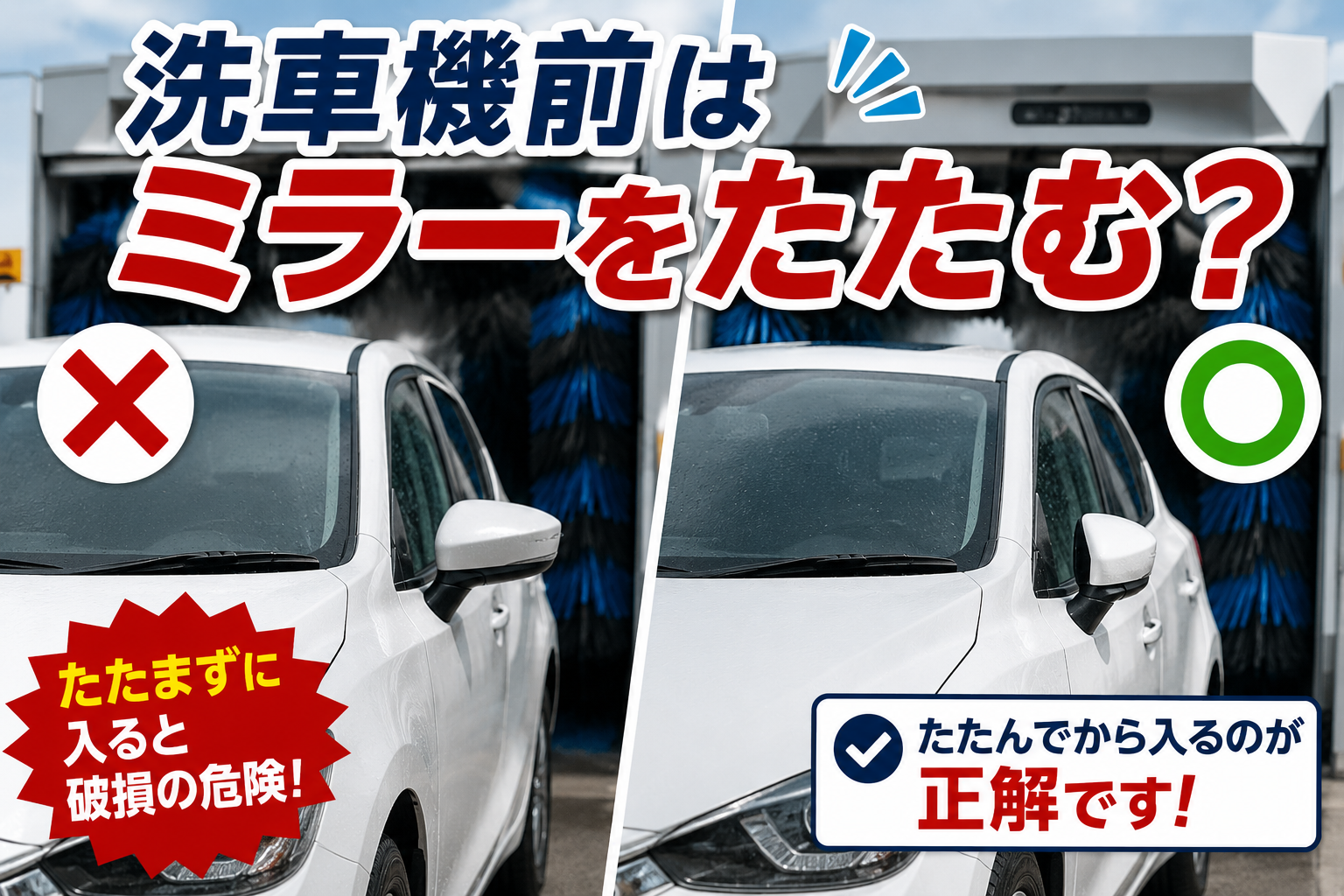洗車機を利用する前にドアミラーをたたむべきかを解説するイメージ