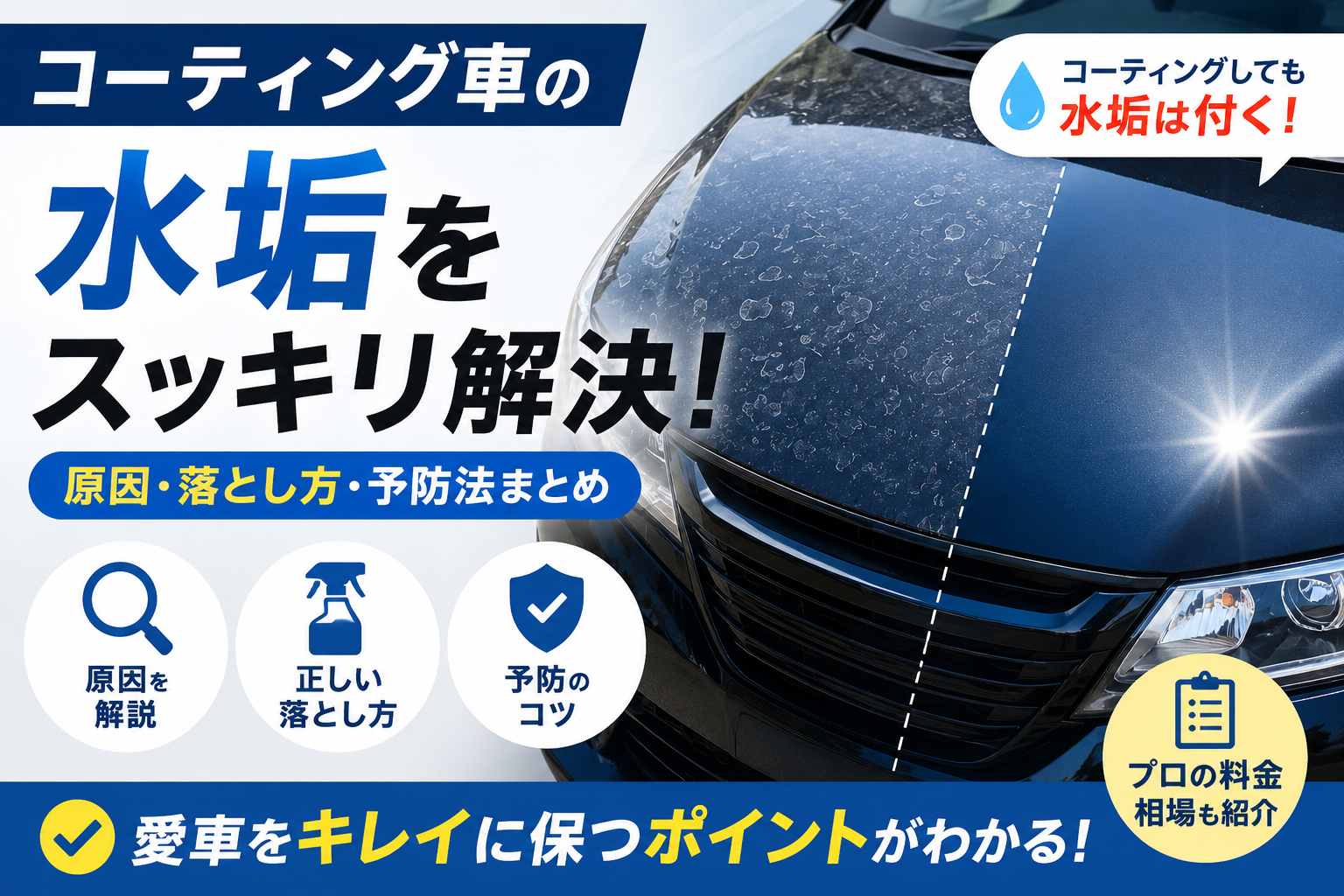 コーティング車のボンネットに付着した白い水垢を比較表示し、水垢の原因・落とし方・予防法を分かりやすく解説している様子が分かるデザイン。