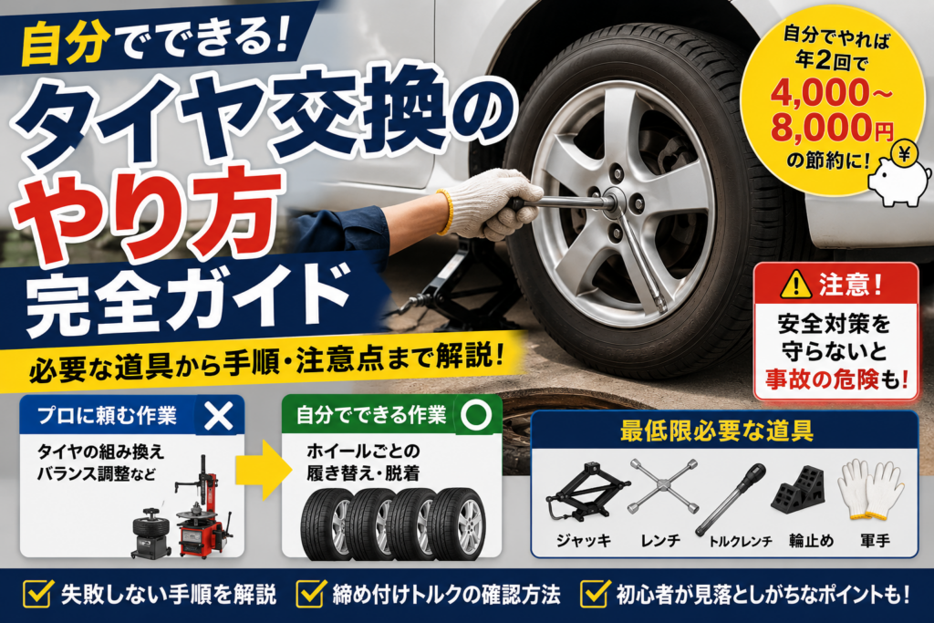 タイヤ交換を自分で行う方法を解説するアイキャッチ画像。ジャッキアップした車とタイヤ交換作業、必要工具や注意点を分かりやすく図解。