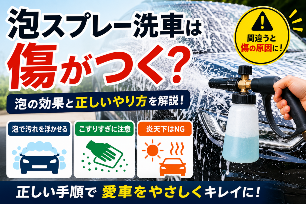 泡スプレー洗車で車を洗う様子と、間違った洗車方法による傷リスクや正しい手順を解説したアイキャッチ画像