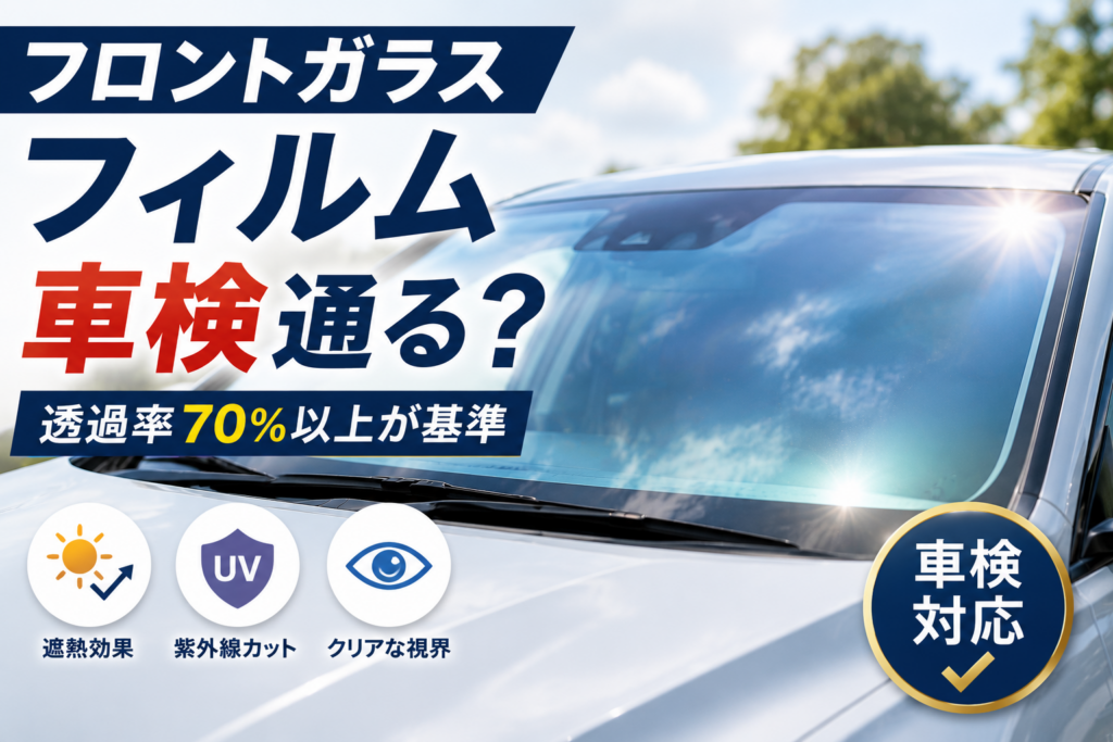 フロントガラスに透明フィルムを施工した車と車検適合をイメージしたアイキャッチ画像。フロントガラスフィルムの車検基準や透過率70％以上の条件を紹介している。