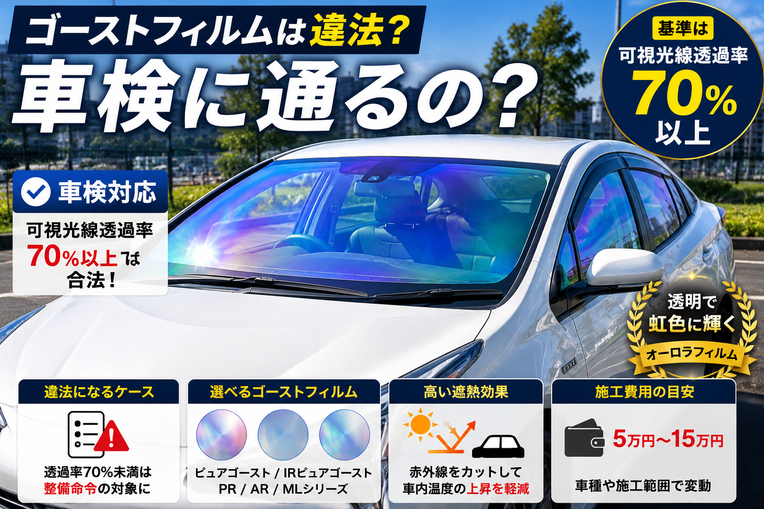 車検対応のゴーストフィルムを施工したフロントガラスと運転席ガラスのイメージ