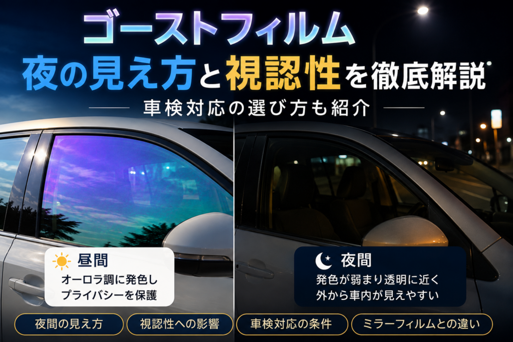 ゴーストフィルムを施工した車を昼間と夜間で比較し、昼はオーロラ調に発色する様子と、夜は透明感が増して車内が見えやすくなる見え方の違いを示している。