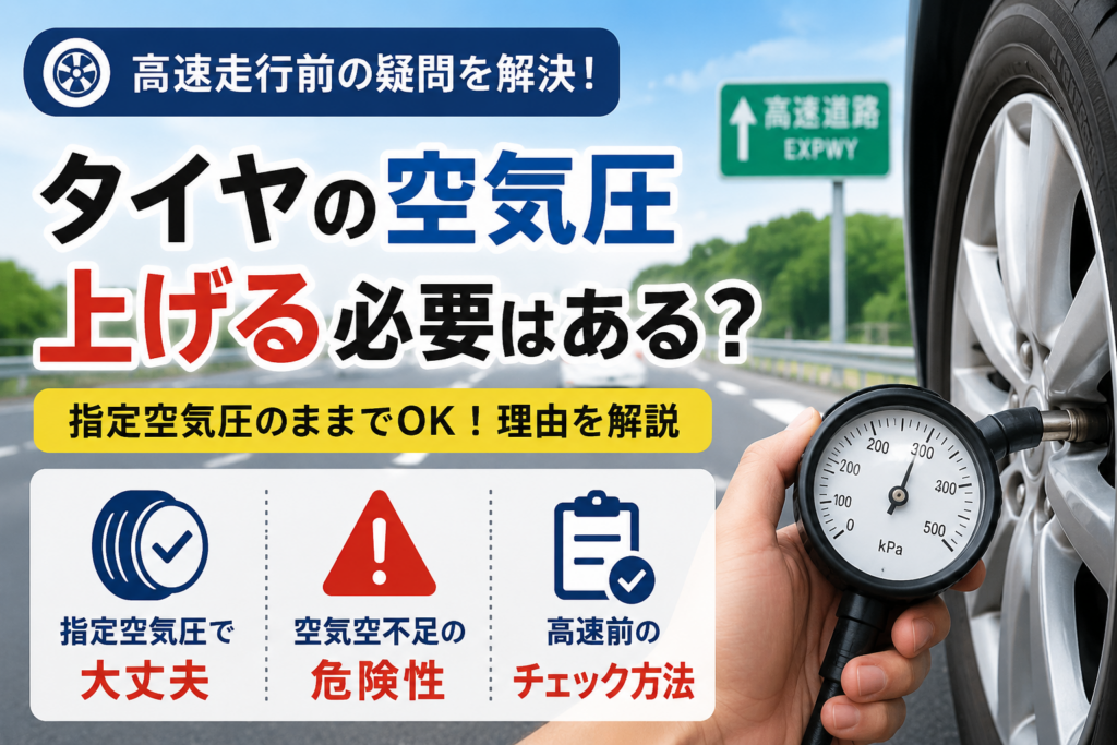 高速道路走行前のタイヤ空気圧確認と指定空気圧のままで問題ないことを示したアイキャッチ画像