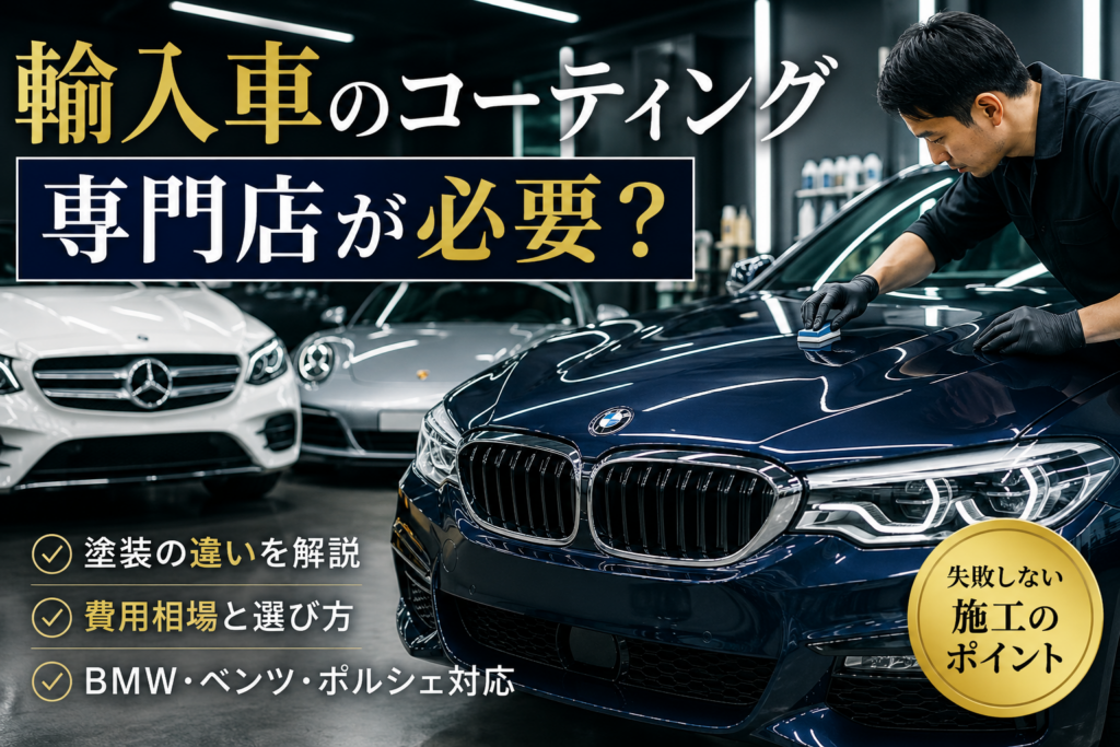 BMWやメルセデス・ベンツなど輸入車のコーティング施工を専門店で行う様子を表したアイキャッチ画像