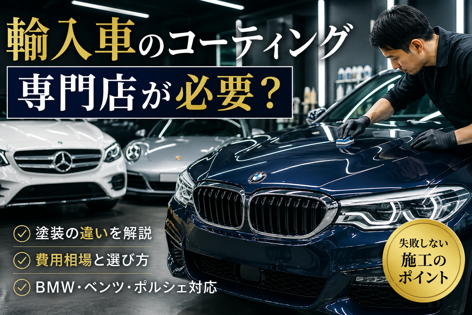 BMWやメルセデス・ベンツなど輸入車のコーティング施工を専門店で行う様子を表したアイキャッチ画像