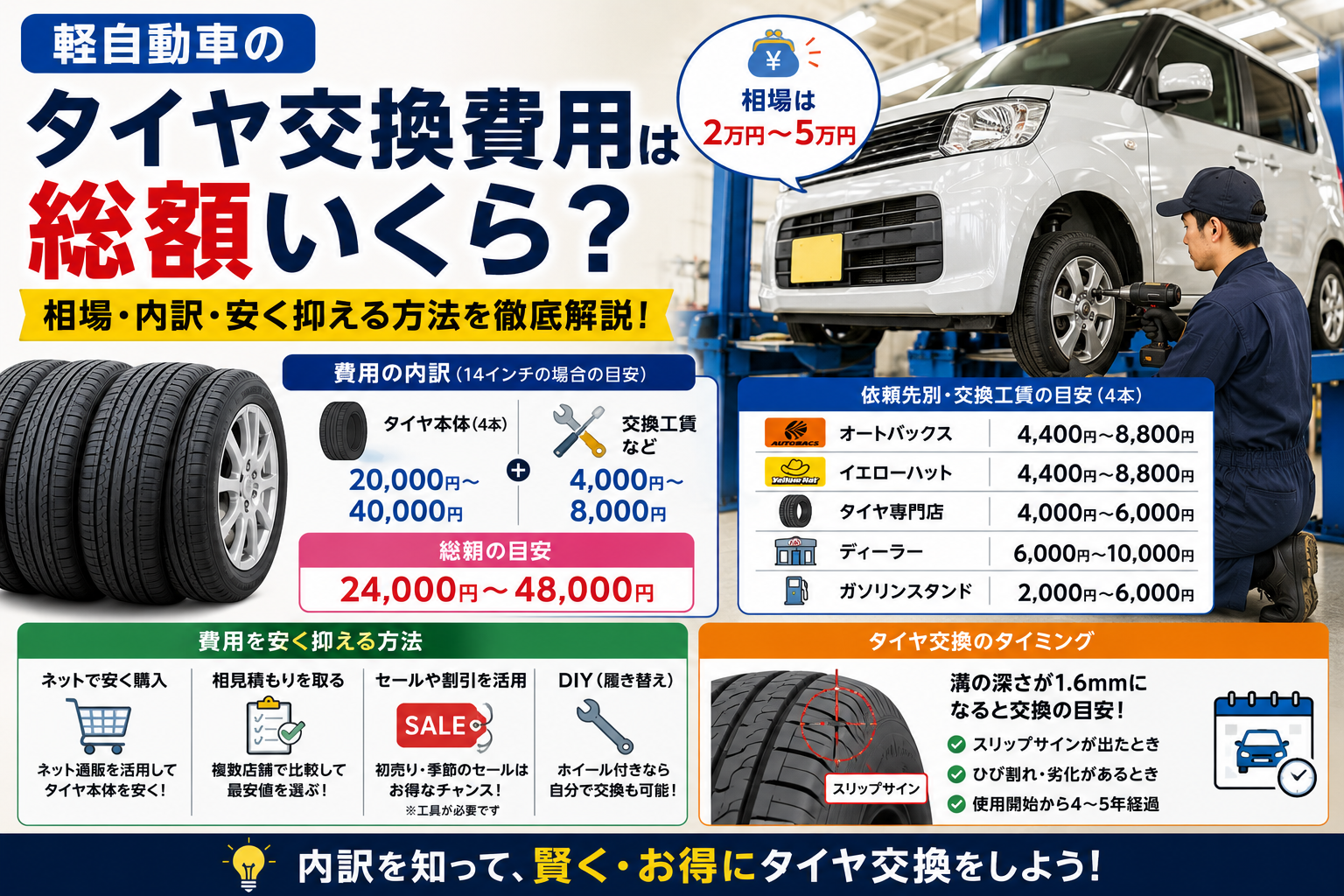 軽自動車のタイヤ交換費用の相場や工賃の内訳、安く交換する方法を解説するイメージ画像