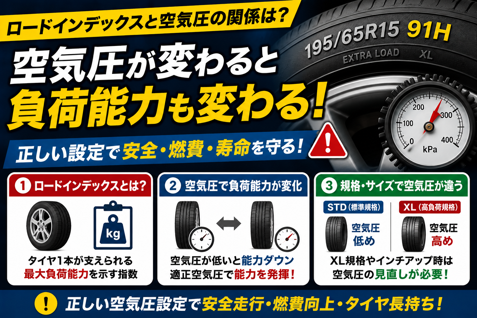 タイヤ側面のロードインデックス表記と空気圧ゲージを並べ、空気圧によって負荷能力が変化する仕組みや適正空気圧の重要性を解説したロードインデックスと空気圧の関係図。