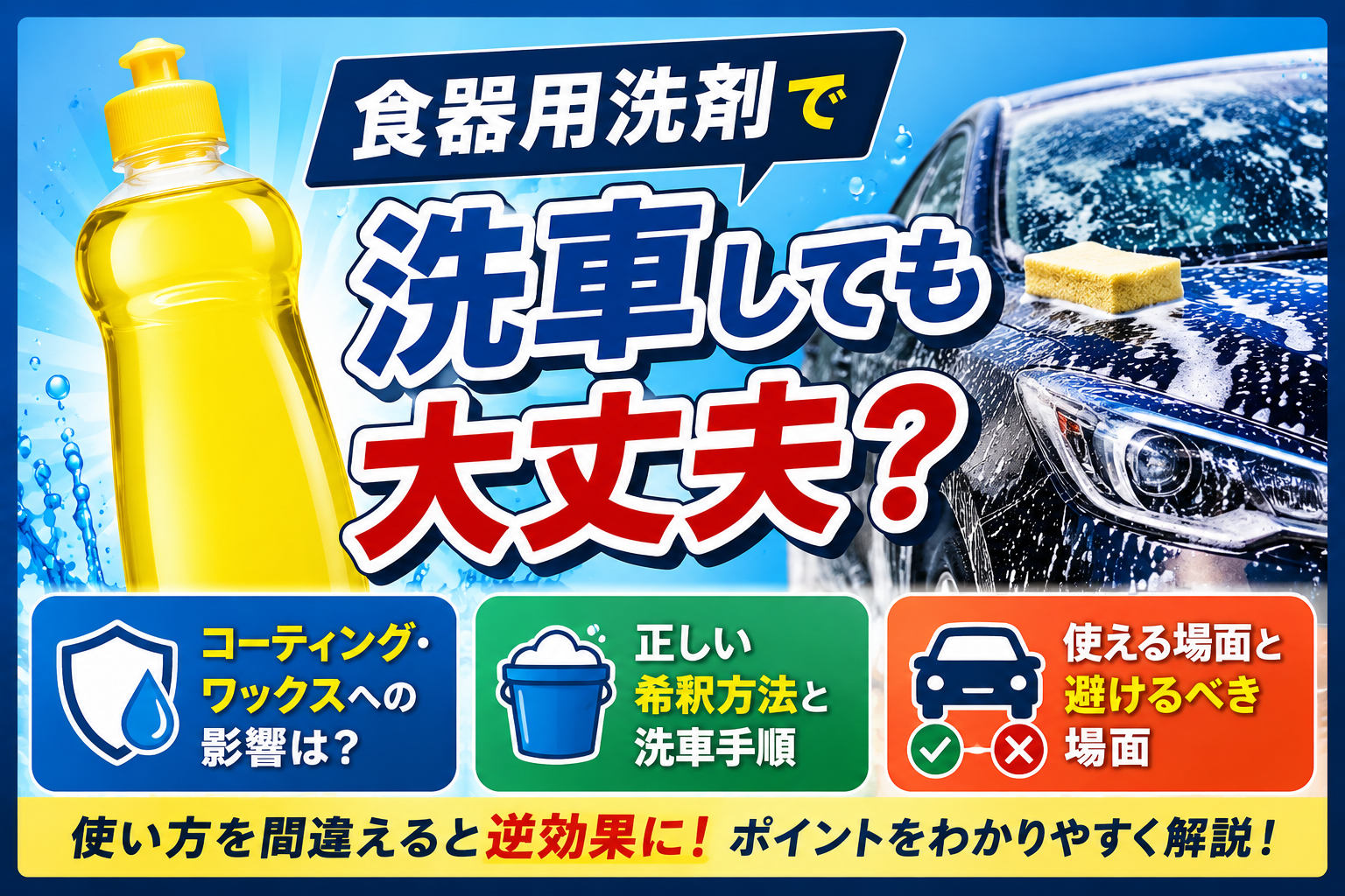 食器用洗剤を使った洗車とカーシャンプーによる洗車を比較し、ママレモンで洗車した際のコーティングやワックスへの影響、正しい使い方をイメージできる場面を表現している。