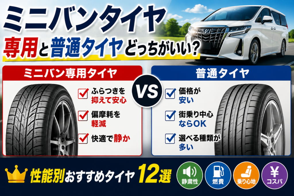 ミニバン専用タイヤと普通タイヤを比較し、ふらつきや偏摩耗対策の違いを紹介するアイキャッチ画像