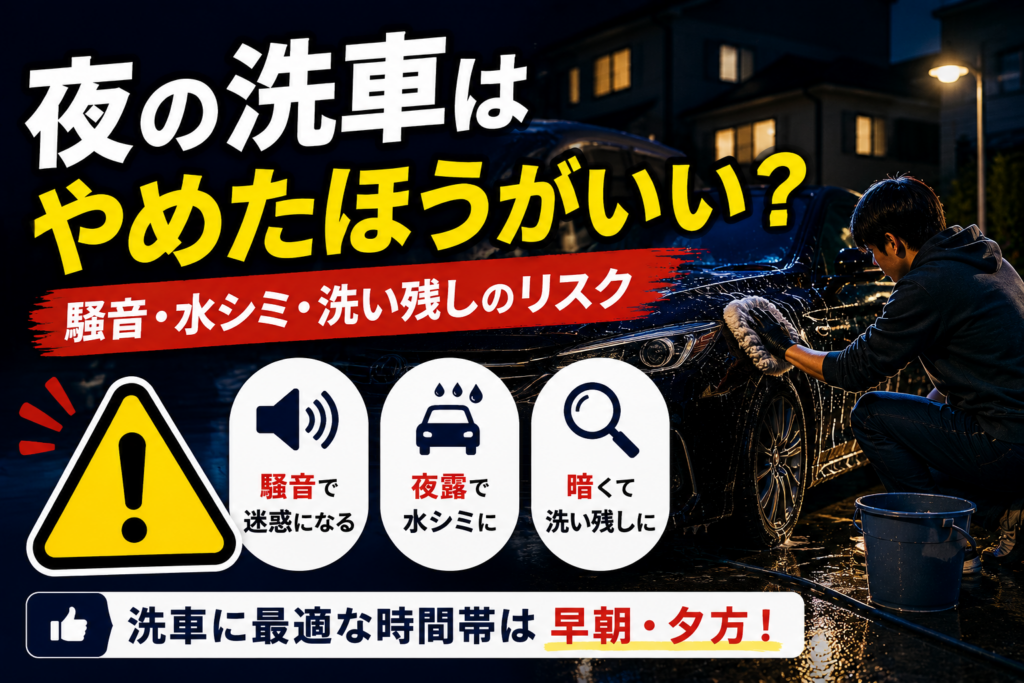 夜の洗車は迷惑なのかを解説するアイキャッチ画像。夜間に車を洗う様子と、騒音トラブル・水シミ・洗い残しなどの注意点をまとめている。