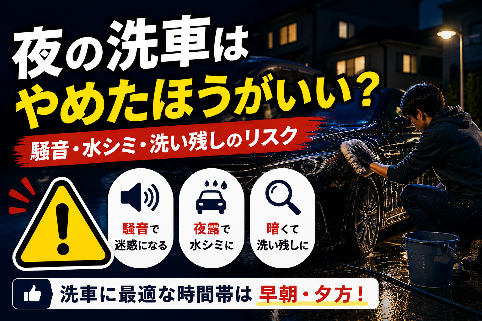 夜の洗車は迷惑なのかを解説するアイキャッチ画像。夜間に車を洗う様子と、騒音トラブル・水シミ・洗い残しなどの注意点をまとめている。
