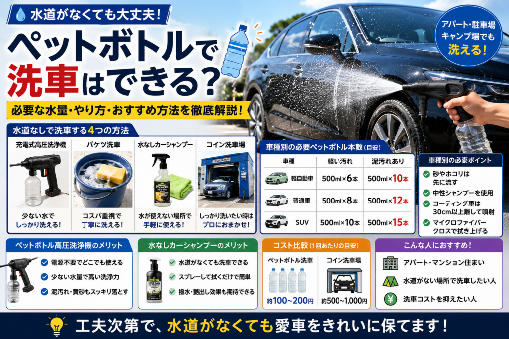 ペットボトルで洗車する方法と必要な水量、高圧洗浄機や水なしシャンプーの活用方法を解説するイメージ画像