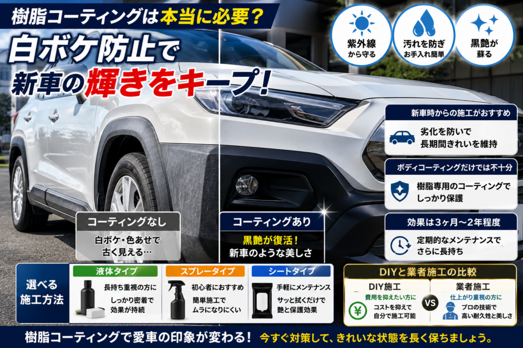 未塗装樹脂パーツの白ボケ防止と樹脂コーティング施工効果を解説するイメージ画像