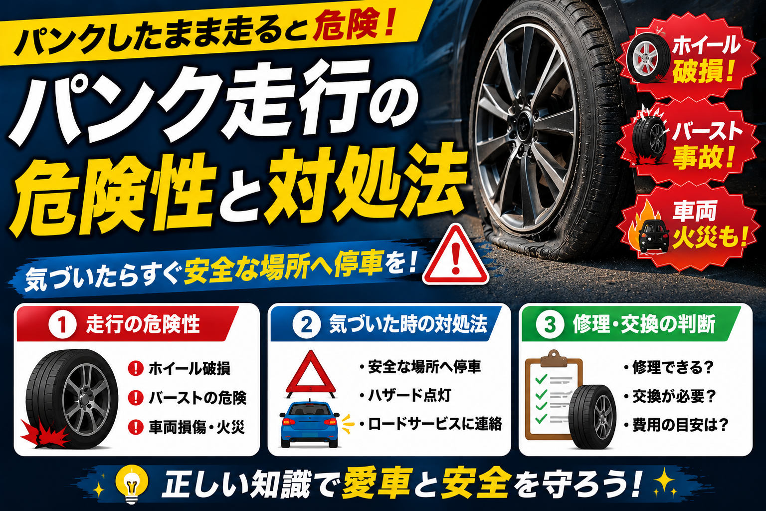 パンクしたタイヤで走行する危険性を示し、ホイール破損やバースト事故のリスク、安全な停車方法と修理・交換の判断ポイントを3項目で解説している図解。