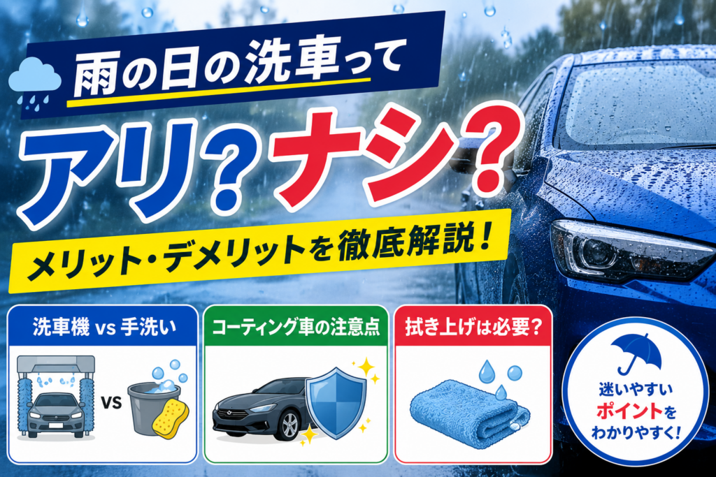 雨の日の洗車について解説する構成で、雨粒が付着した青い車を背景に、洗車機と手洗いの比較、コーティング車の注意点、拭き上げの必要性など雨の日洗車のメリット・デメリットを紹介している。