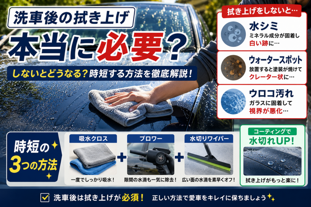洗車後にマイクロファイバークロスでボディを拭き上げる様子と、水シミ・ウォータースポット・ウロコ汚れを防ぐ重要性を解説したイメージ画像